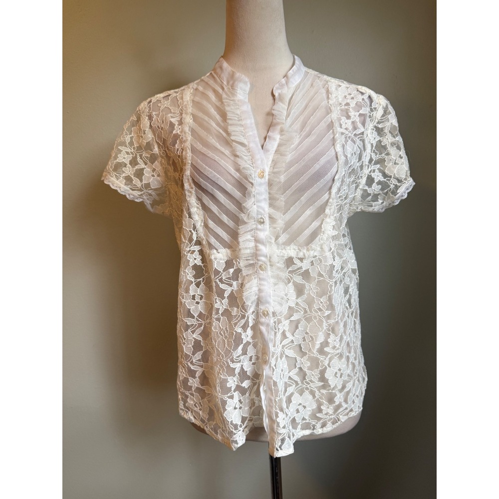 Cottage fairy boho whimsi Ivory Floral Lace Ruffle Button Blouse Short Sleeve L